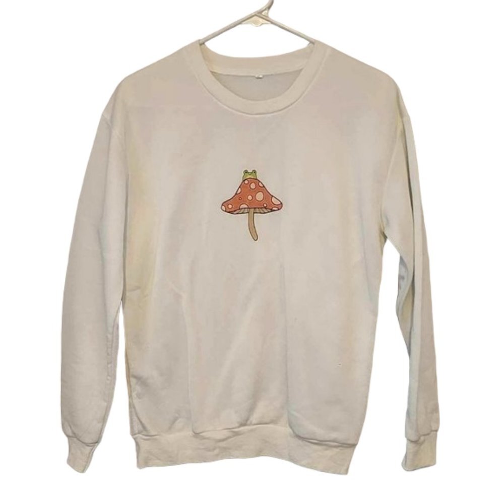 EUC White SHEIN Sweatshirt with Mushroom & Frog (s)